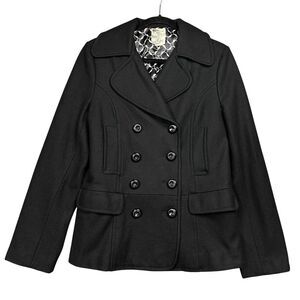 Anthropologie Tulle‎ Pea Coat Women Size L Black Wool Blend Button Pockets Lined